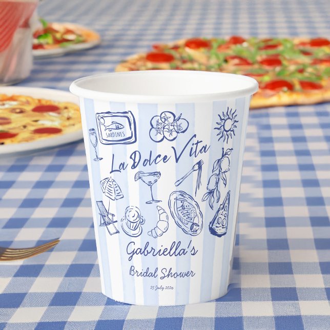 Vasos De Papel La dolce vita blue stripes Italian bridal shower (La dolce vita blue stripes hand drawn Italian bridal shower personalized Paper Cups)