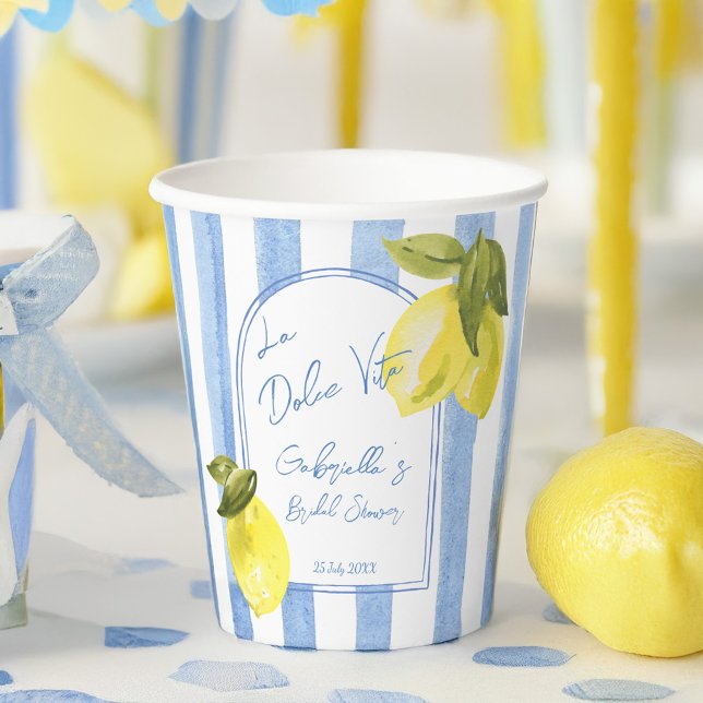 Vasos De Papel La Dolce Vita rayas azules limones ducha de novia (La Dolce Vita handrawn blue stripes lemons Italian bridal shower monogrammed personalized Paper Cups)