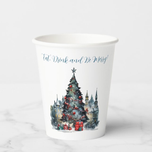 Vasos De Papel La escena tradicional come bebida, sé feliz Navida (Anverso)