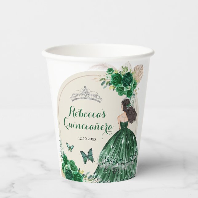 Vasos De Papel La princesa Quinceañera, Rosas del Boho Emerald Gr (Anverso)