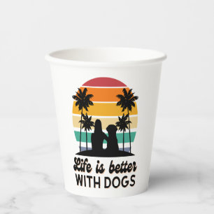 Vasos De Papel La vida es mejor con los perros Retro Sunset Woman