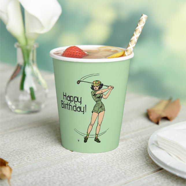 Vasos De Papel Lady Golfer Green Anytime Textos (in situ)