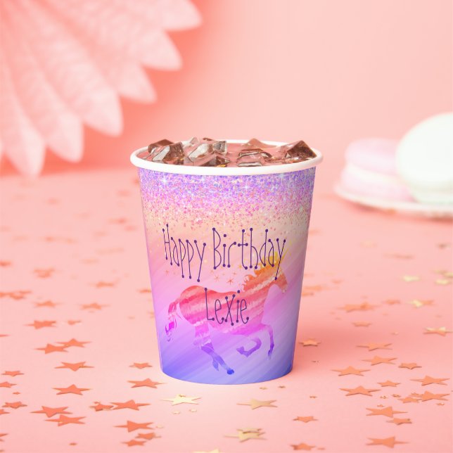 Vasos De Papel Lavanda Purpurinoso y Personalizado de cumpleaños  (in situ)