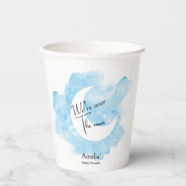 Vasos De Papel Lavar la acuarela sobre el Baby Shower de la luna (Anverso)