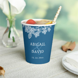 Vasos De Papel Lazo blanco sobre el Boda azul