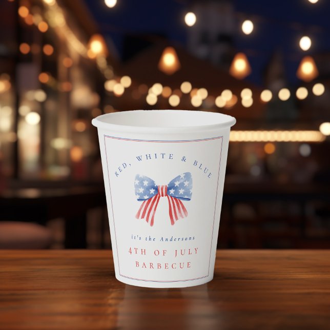 Vasos De Papel Lazo de bandera americana sofisticada para barbaco (paper cup with preppy 4th of July aesthetic, ideal for Independence Day parties)