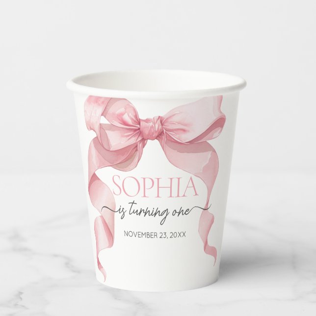 Vasos De Papel Lazo de Coqueta Rosa Fiesta de Cumpleaños  (Anverso)