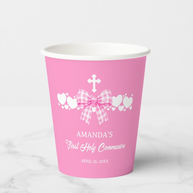 Vasos De Papel Lazo de gingham rosa para la primera comunión de u (Anverso)