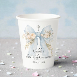 Vasos De Papel Lazo Floral Azul Polvoriento para Primera Comunión