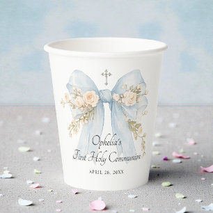 Vasos De Papel Lazo Floral Azul Polvoriento para Primera Comunión
