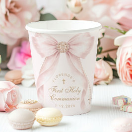 Vasos De Papel Lazo Rosa Claro Primera Comunión Coquette