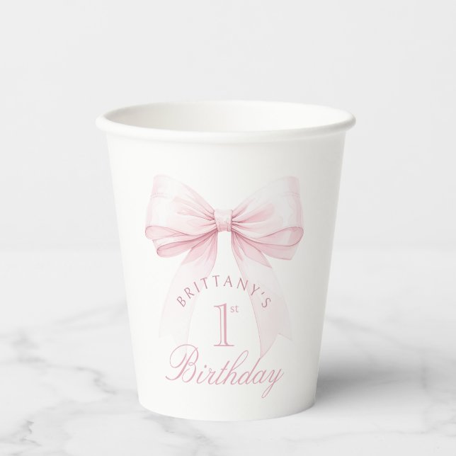 Vasos De Papel Lazo Rosa Coquette Cumpleaños Uno (Anverso)