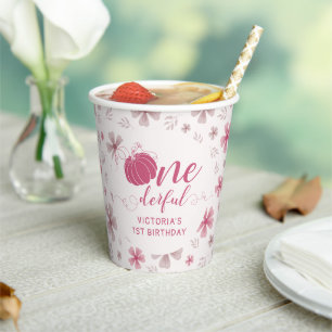 VASOS DE PAPEL LAZO ROSA Y FLORES DE CALABAZA DE OTOÑO CUMPLEAÑOS