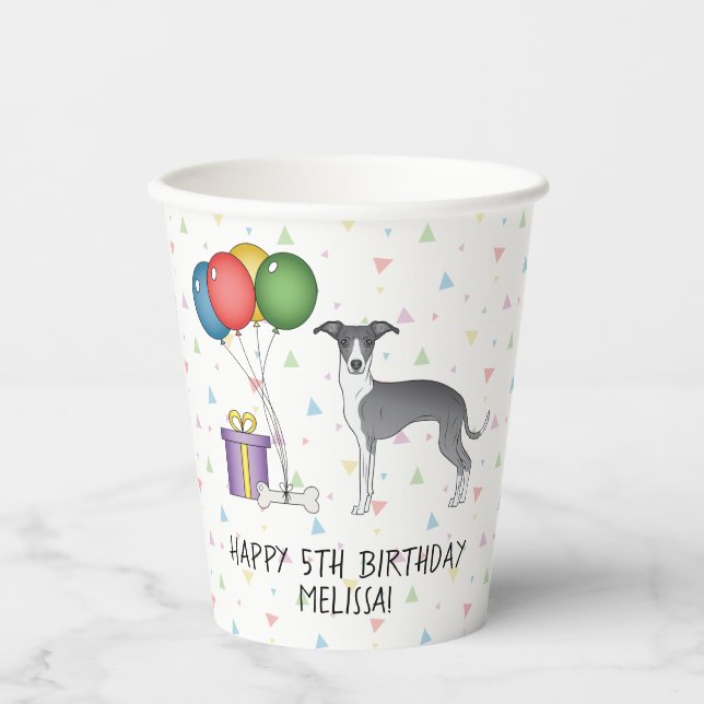 Vasos De Papel Lebrel Italiano Azul y Blanco - Feliz Cumpleaños (Anverso)