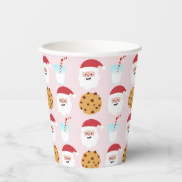 Vasos De Papel Leche Santa y cookies con fondo rosado