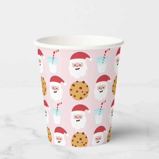 Vasos De Papel Leche Santa y cookies con fondo rosado (Anverso)