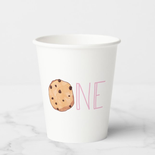 Vasos De Papel Leche y galletas rosadas primer cumpleaños uno (Anverso)