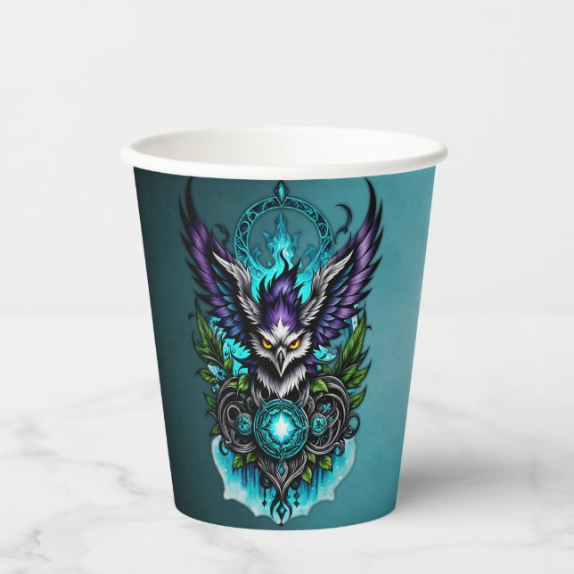 Vasos De Papel Lechuza con elementos mágicos. (Anverso)