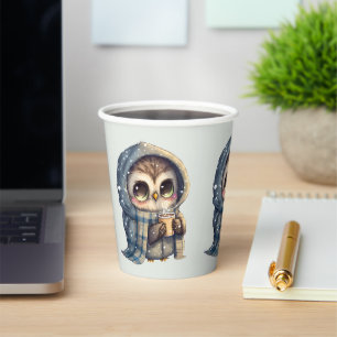 Vasos De Papel Lechuza con ojos agudos y café -