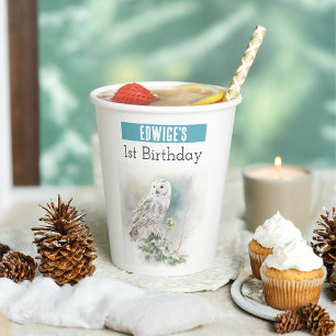 Vasos De Papel Lechuza de invierno - primer cumpleaños -