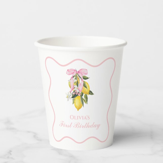 Vasos De Papel Lemon Pink Bow preppy Coquette cumpleaños 1 (Anverso)