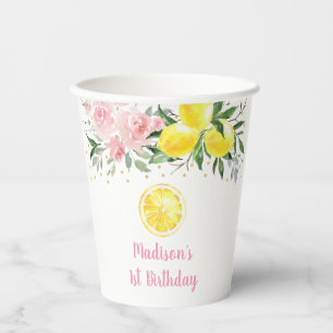 Vasos De Papel Lemonade Sunshine Pink Floral Cumpleaños