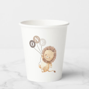Vasos De Papel León con 3 Globos Marrones Primer Cumpleaños