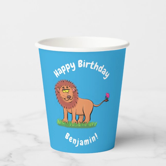 Vasos De Papel León gracioso lindo con personalizado mariposa (Anverso)