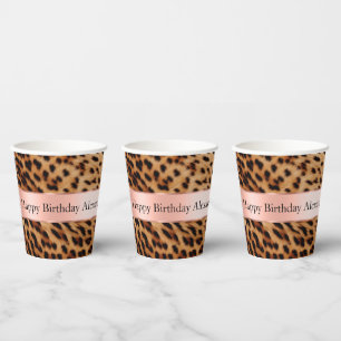 Vasos De Papel Leopard Animal Rosa Rosa Ribbon Nombre