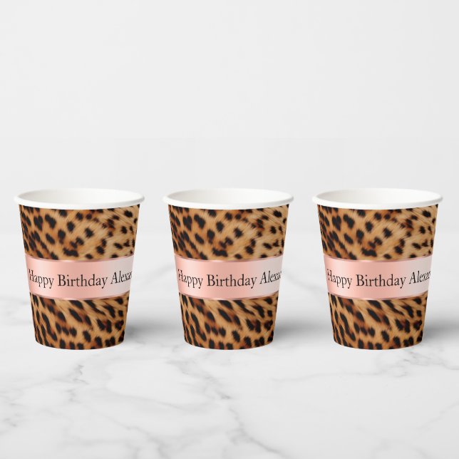 Vasos De Papel Leopard Animal Rosa Rosa Ribbon Nombre (Multi)