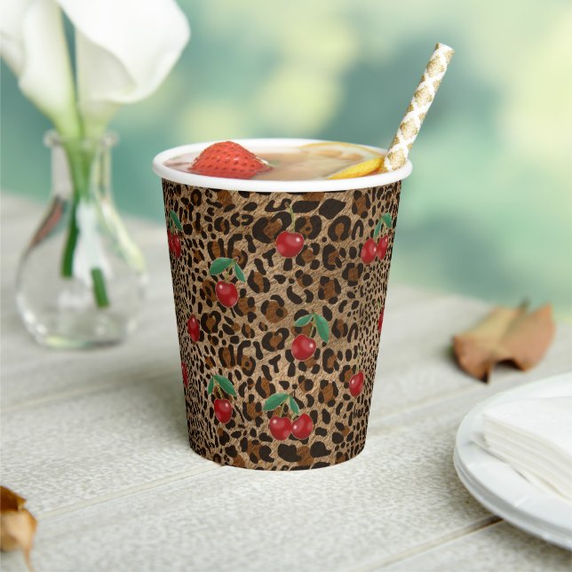 Vasos De Papel Leopard Cheetah Animal Print Red Cherry Pattern (in situ)