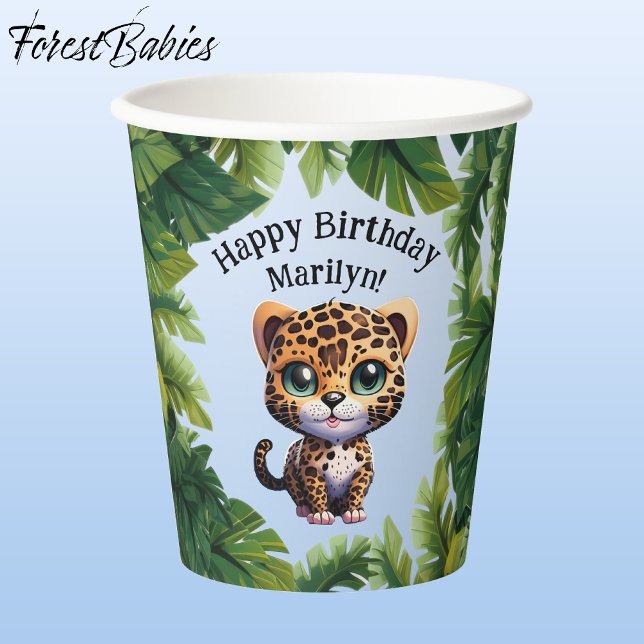 Vasos De Papel Leopard 🐆 Cute Selva Tropical Safari Animal salva (Leopard 🐆  Tropical Birthday 🌴 Party Animal Customizable ForestBabies Paper Cups - Front)