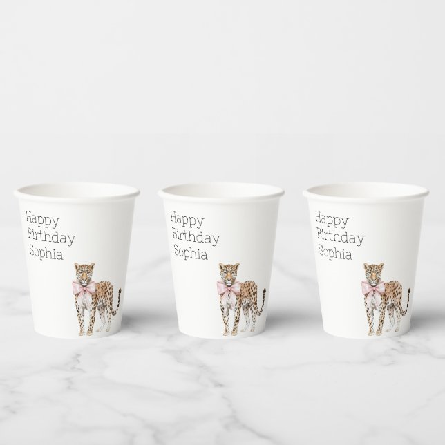Vasos De Papel Leopard Pink Bow Birthday (Multi)