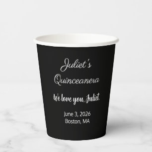 Vasos De Papel Letras dulces: blanco sobre quinceañera negra