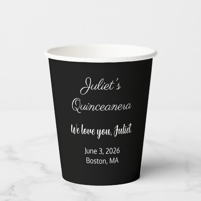 Vasos De Papel Letras dulces: blanco sobre quinceañera negra (Reverso )