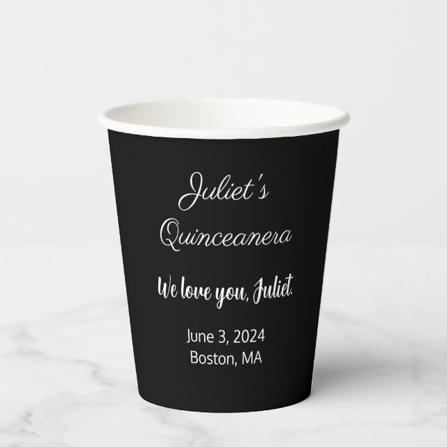 Vasos De Papel Letras dulces: blanco sobre quinceañera negra (Reverso )