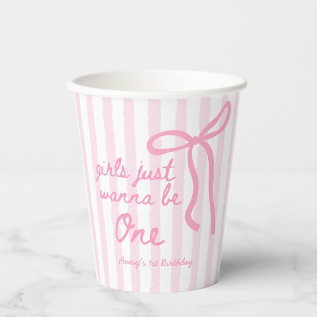 Vasos De Papel Letrero de Cumpleaños Número Uno con Lazo Rosa par (Anverso)
