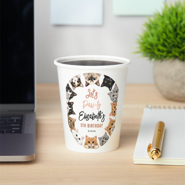 Vasos De Papel Let's Pawty Cat 5th Birthday | Custom Birthday Kid (in situ)