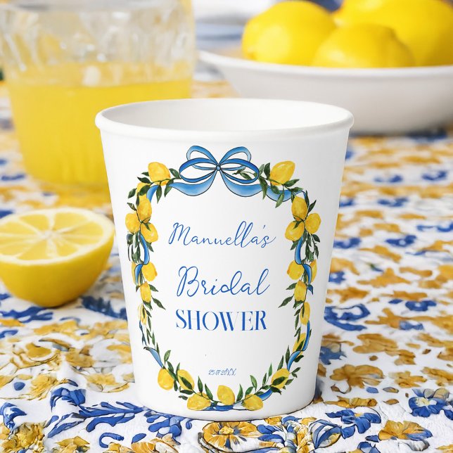 Vasos De Papel Limoneros cinta de lazo azul boda monograma (Lemons blue bow ribbon coquette Italian bridal shower monogrammed paper cups personalized decor)