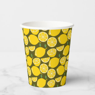 Vasos De Papel Limones Amarillos y Patrón Verde Oliva: Citrus Mod