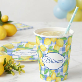 Vasos De Papel Limones y cuadros azules Vidrio Personalizado