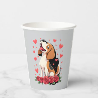 Vasos De Papel Lindo Beagle con Corazones de Rosas Rojas Florales
