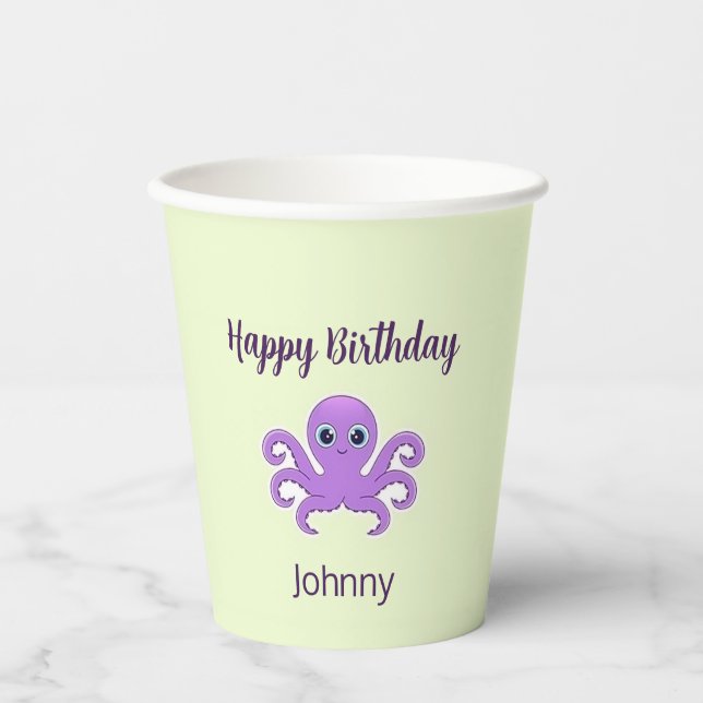 Vasos De Papel Lindo pulpo morado verde (Anverso)