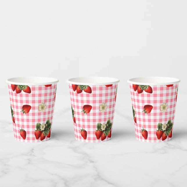 Vasos de papel lindos con fresas y gingham rojo (Multi)