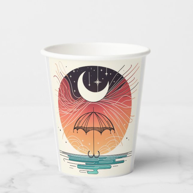 Vasos De Papel Línea Surreal Boho de la Luna y los Paraguas (Anverso)
