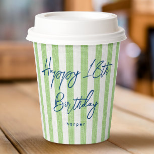 Vasos De Papel Linen Look Striped Celebration Cumpleaños 18° Verd
