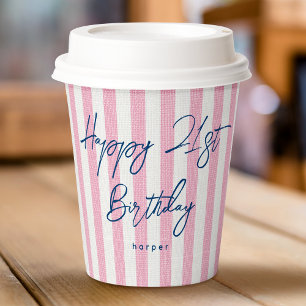 Vasos De Papel Linen Look Striped Celebration Cumpleaños 21ª Rosa