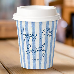 Vasos De Papel Linen Look Striped Celebration Cumpleaños 50° Azul