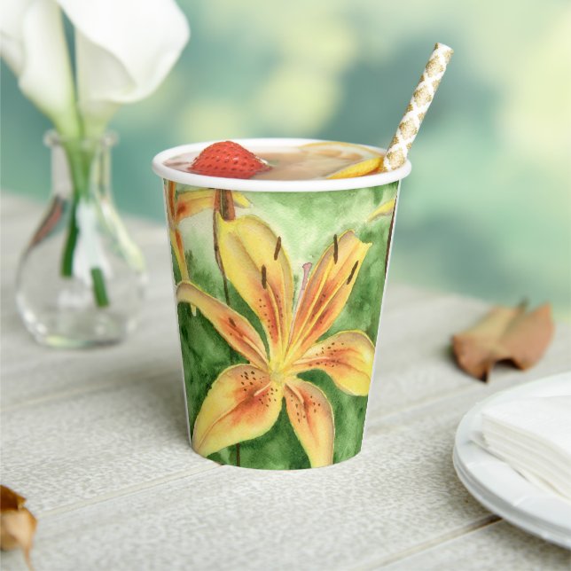 Vasos De Papel Lirios amarillos en el poster del jardín (in situ)