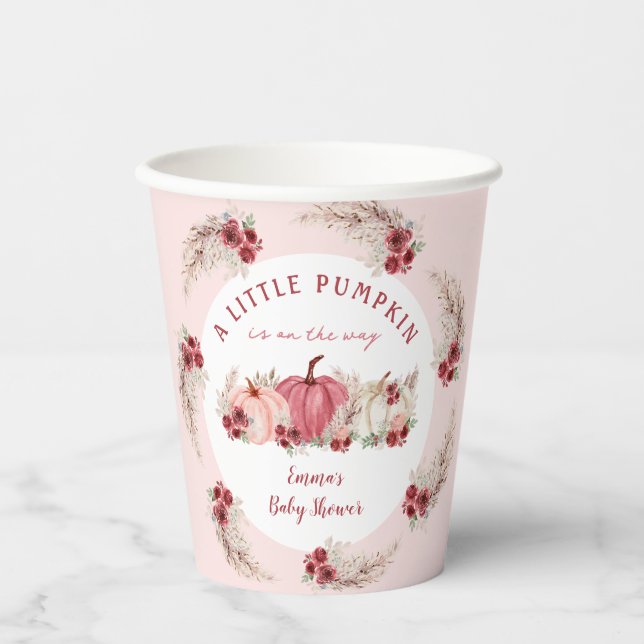 Vasos De Papel Little Pumpkin Marsala Pink Fall Boho Baby Shower (Anverso)